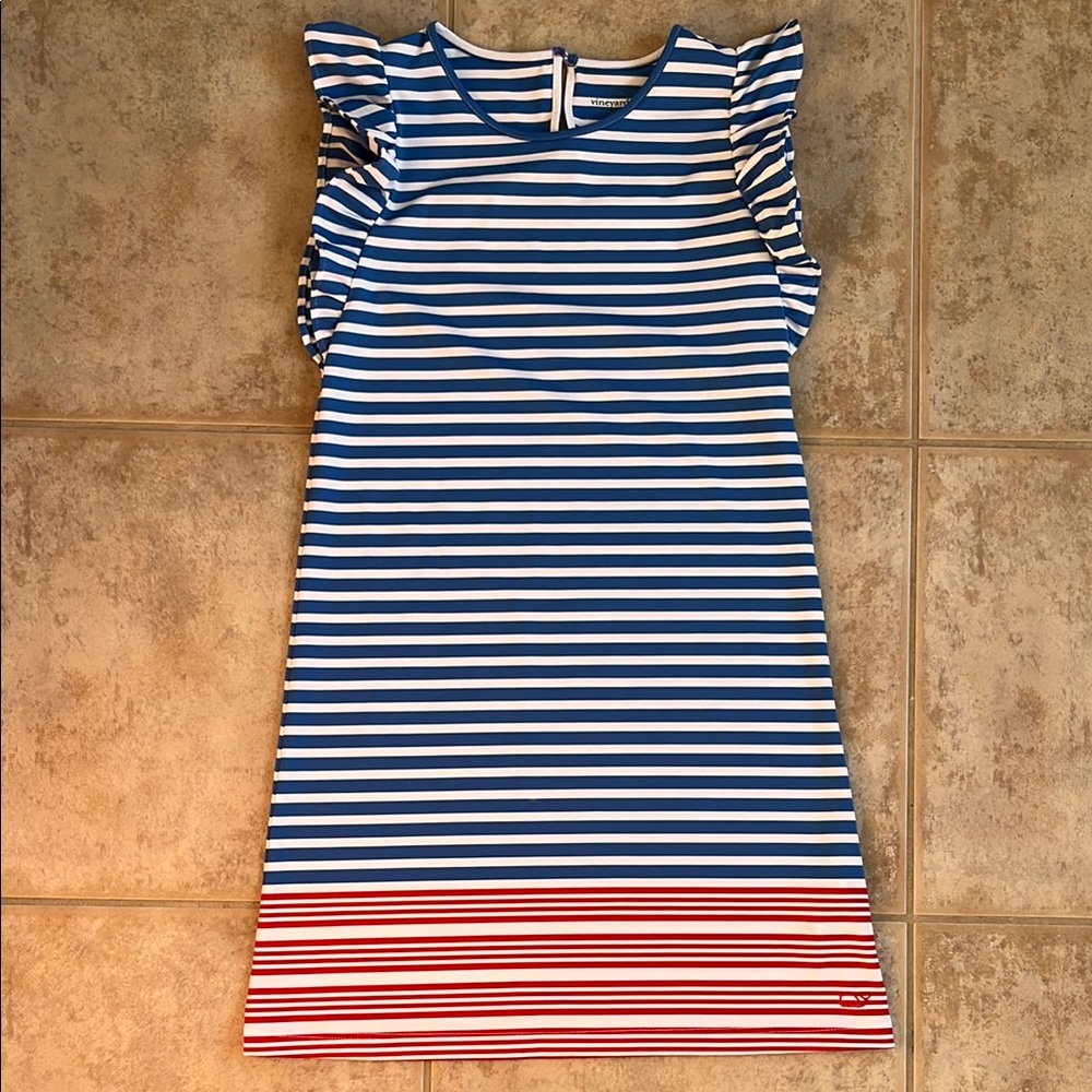 Girl’s Vineyard Vines Blue and White Casual Sheath Dress with Crew Neck